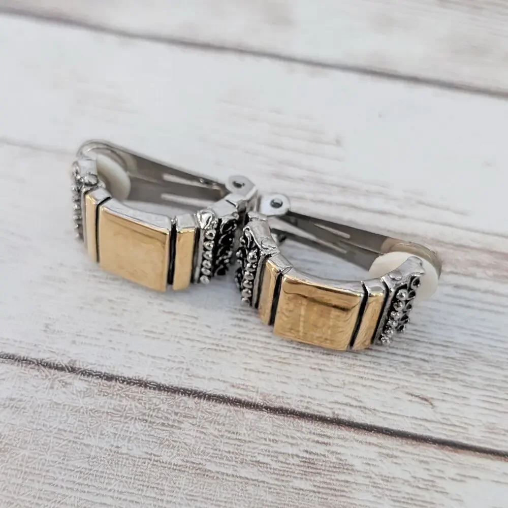 Vintage Clip On Earrings Chunky Gold Tone & Silver Tone Half Hoop - Some Marks
